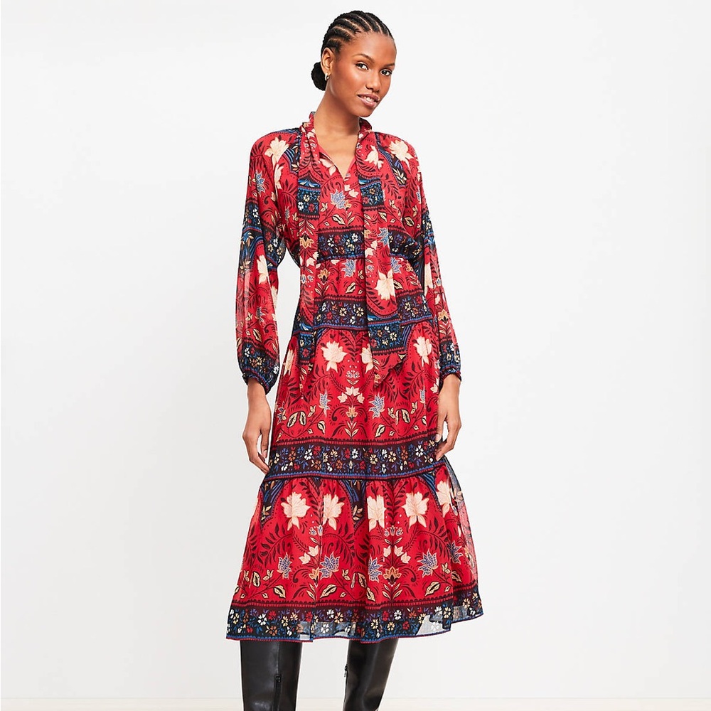 NWT Loft Floral Bow Tiered Midi Dress Jewel Red